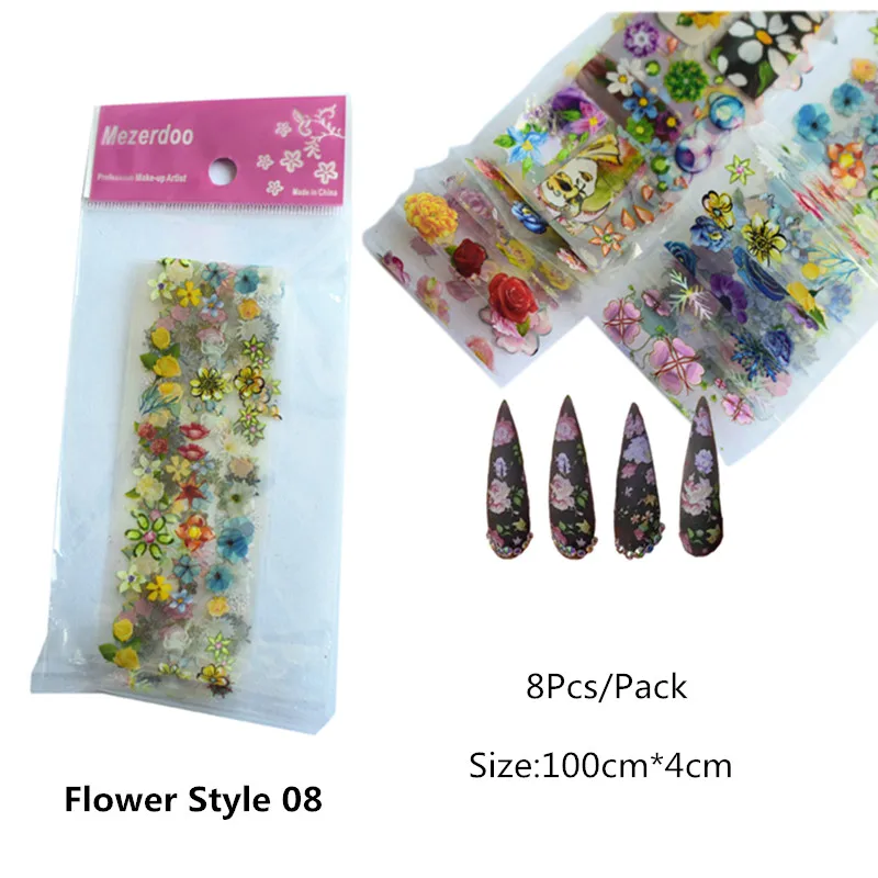 Flower08 -8Pcs 8/10/16 шт инструментов для ногтей Фольга передачи комплект наклейка для ногтей Стикеры 4*100 см цветок газета новости смешанные нейл-арта украшения клей обертывания - Цвет: Flower08 -8Pcs