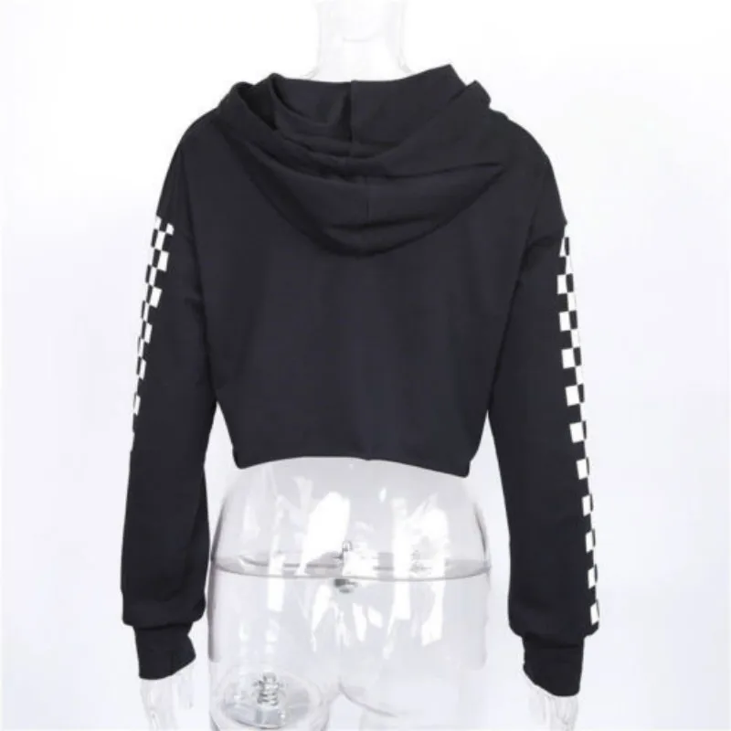 

Fashion Women Hooded Crop Sweatshirt Plaid Print Sleeve Jumper Sweatshirts Top Coat Pullover Autumn Spring Streetwear Tops