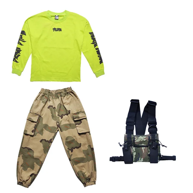 

Children'S Hip Hop Street Dance Costume For Girls Boys Fluorescent Tops Camouflage Pants Jazz Performance Stage Outfit cm