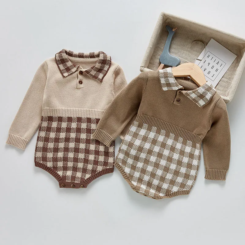 

Baby Girl Rompers Newborn Pullover Knitting Triangle Climb Clothes Children Lattice Lapel Long Sleeve Jumpsuits Fashion For 0-3Y