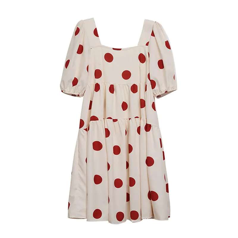 

New Chiffon Dress Women Summer 2021 Fashion Square Collar Puff Sleeve Dot Print Casual Loose Chiffon Dress