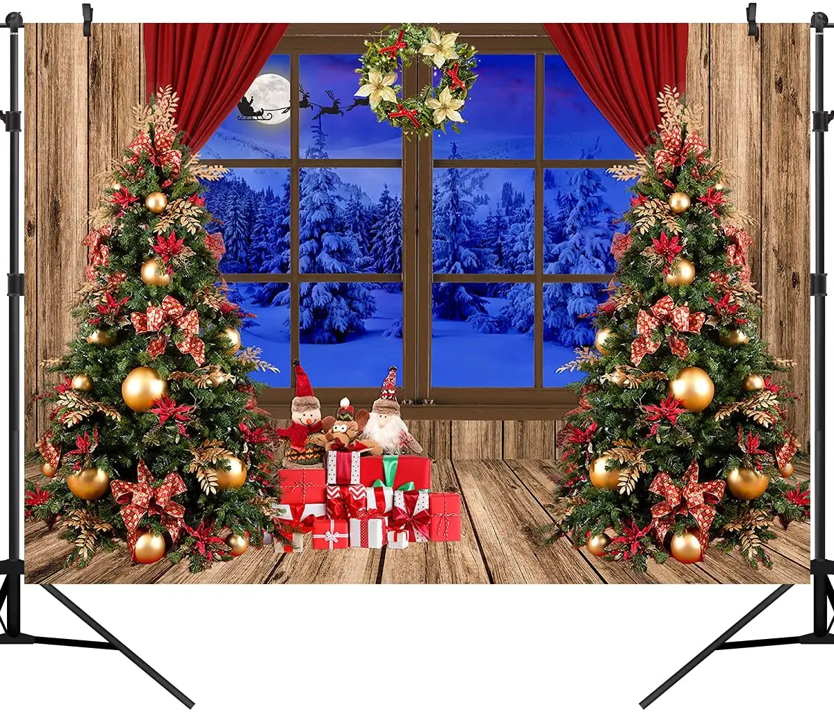 Enlarge Christmas Window Photo Backdrop Winter Xmas Tree Wood Wall Photography Background Santa New Year Gift Banner