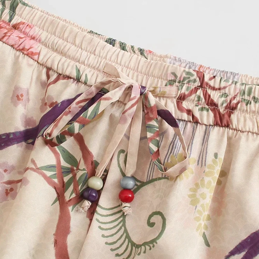 

Women Pants 2021 Summer Print Elastic High Waisted Wide Leg Trousers Women Casual Chic Bow Loose Pocket Woman Straight Pant