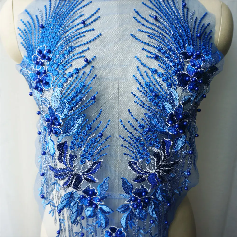 Голубая кружевная ткань Цветочные бусины с кисточками стразы вышитая аппликация
