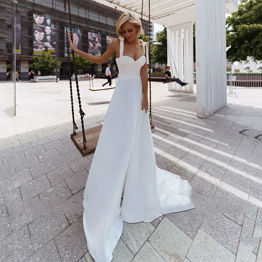 

Simple Satin Wedding Dress Custom Made A-Line Straps Sweetheart Neck Corset 2021 Bride Gowns Vestido De Noiva