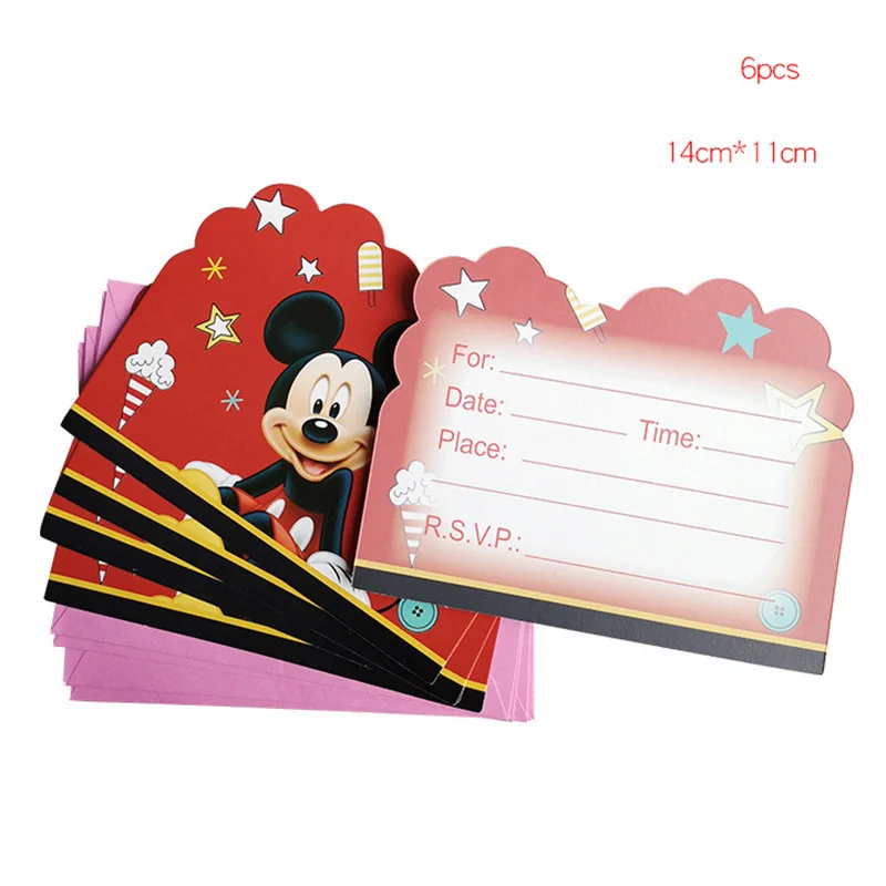 invitation card-6pcs Микки Маус Детская тематическая вечеринка на день рождения композиция декоративная бумажная чашка рисунок флаг Скатерть одноразовые вечерние принадлежности - Цвет: invitation card-6pcs