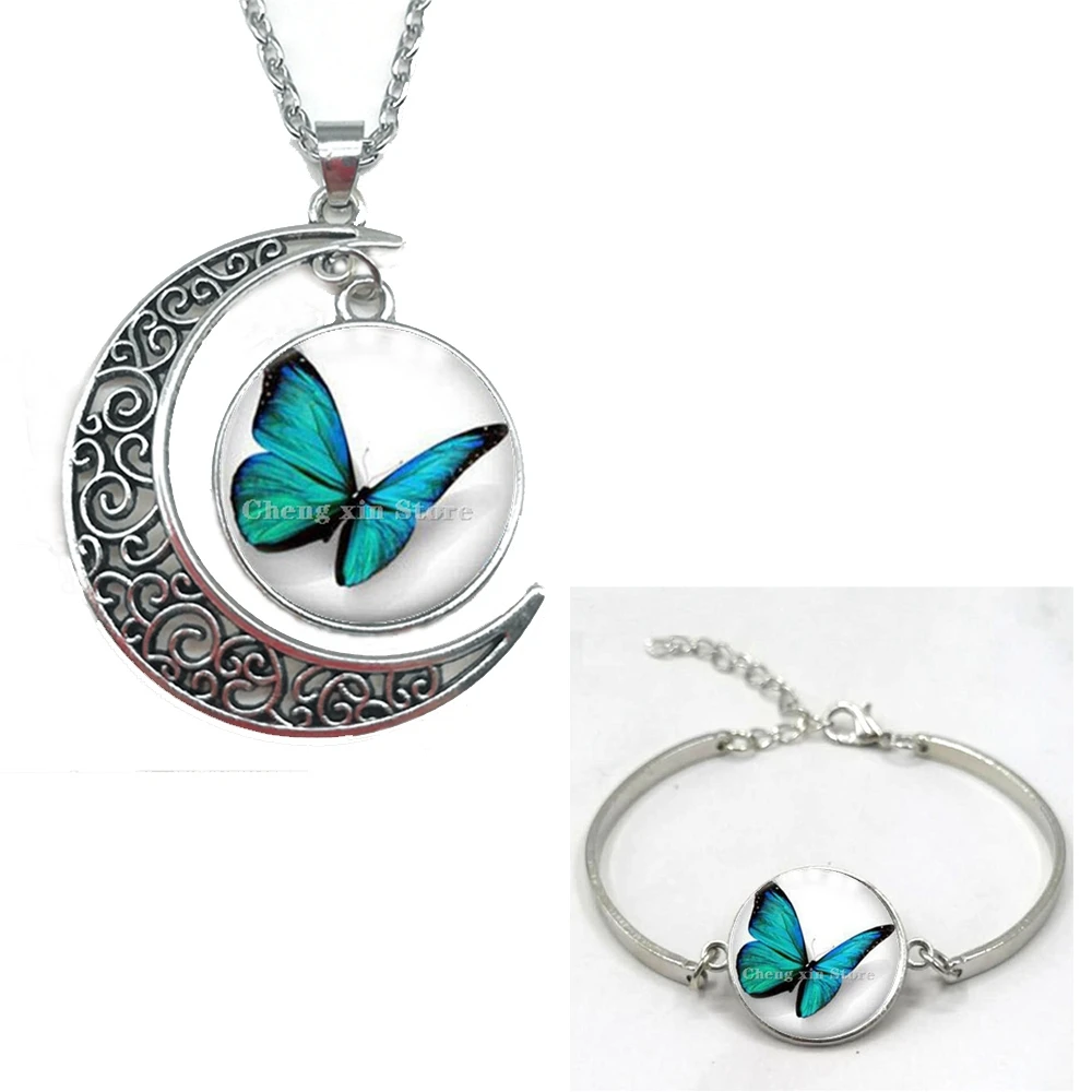 Ожерелье и браслет со стеклянным кабошоном изображением бабочки