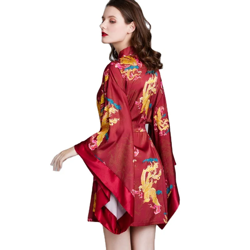

Women Robe and Dress Pajama Bright Red Sleeepwear Spring Summer Silk Wedding Dressing Gown WiDe-sleeved Bridal Dressing Gown