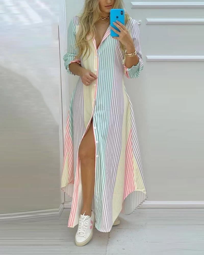 

Women 2021 Colorful Stripe Print Button Front High Slit Long Shirt Dress Casual Loose Maxi Kaftan Dress Slit Dress Street Wear