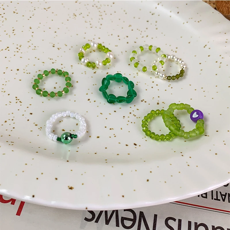 Корейские Ретро Геометрические зеленые кольца из бисера модные милые дешевые