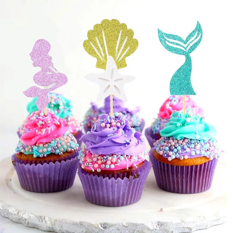 

24pcs Happy Birthday Cupcake Topper Ocean Sea Party Theme Mermaid Cupcake Toppers Pick Kids Baby Shower Decorations