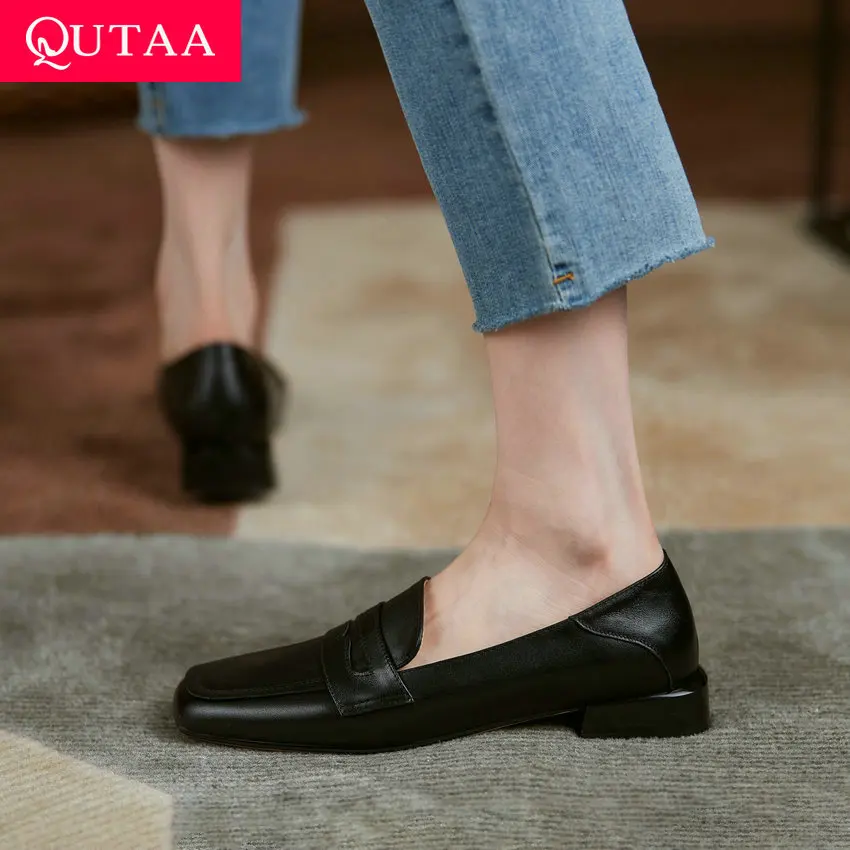 

QUTAA/2021 г. Весенне-осенняя простая Женская обувь в сдержанном стиле с квадратным носком женская обувь для отдыха из натуральной кожи на квадр...