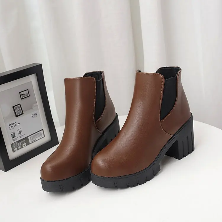 Женская обувь искусственная кожа высокий каблук черные зимние ботинки женская