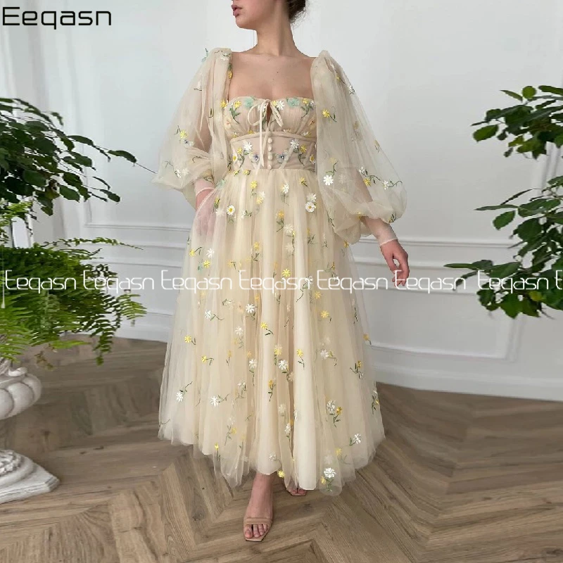 

Puffy Long Sleeves Embroidery Tulle Evening Dresses Daisies and Daffodils Tea Length Prom Dress with Pockets Wedding Party
