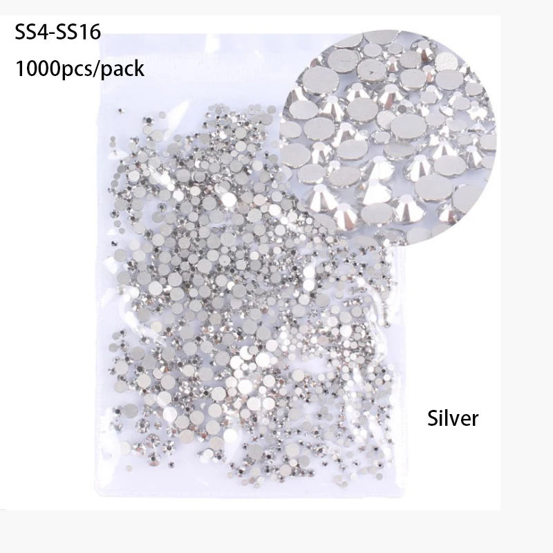 Silver 1000PCS SS3-SS30 Супер Блестящий Кристалл AB аксессуары плоская задняя сторона стекло Хамелеон Стразы для ногтей для шармов 3D украшения для ногтей - Цвет: Silver 1000PCS