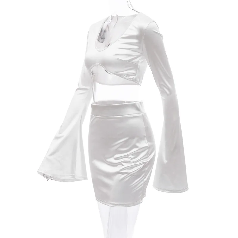 

satin flare long sleeve 2 two piece matching set women crop top high waist mini skirt 2019 autumn winter party clothes 2020