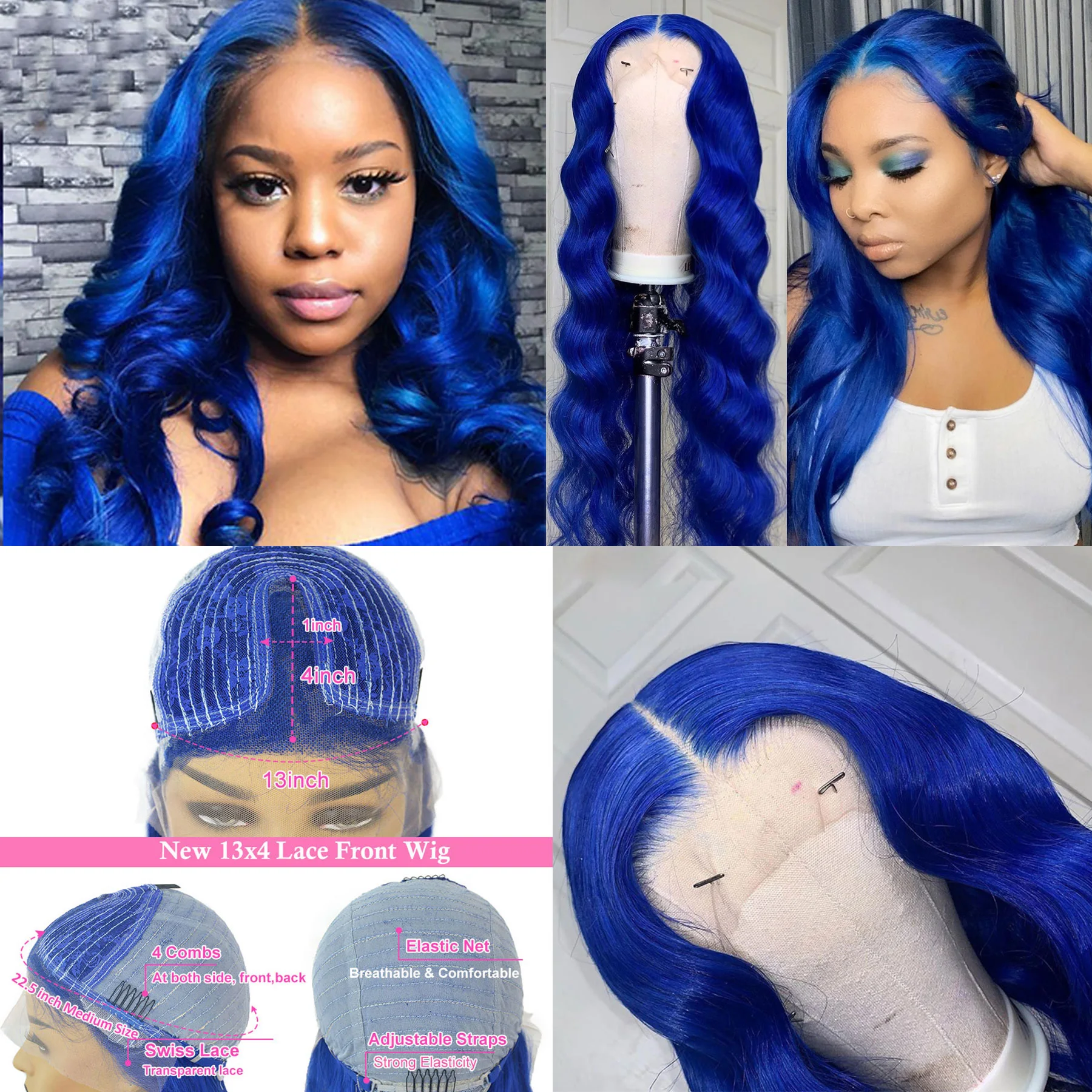 8 '' 26'' длинный синий цветной кружевной передний парик человеческие волосы
