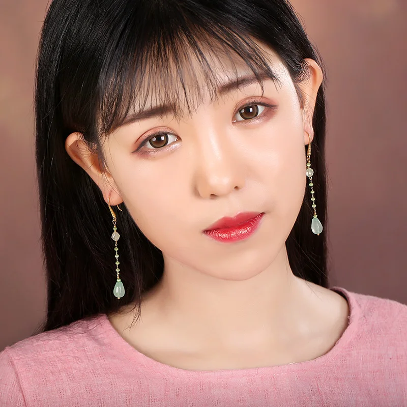 Классический китайский стиль Винтаж 925 серебряный камень зеленый нефрит длинные