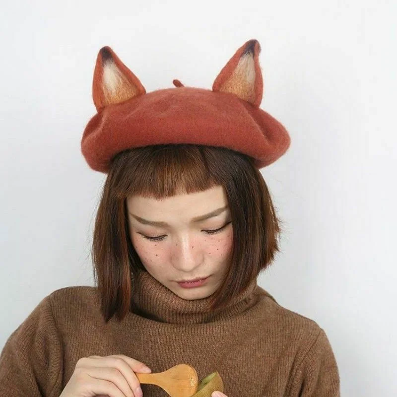 Women Cats Ear Wool Felt Beret Cap Cute Warm Painter Hat Christmas Winter IK88 | Аксессуары для одежды
