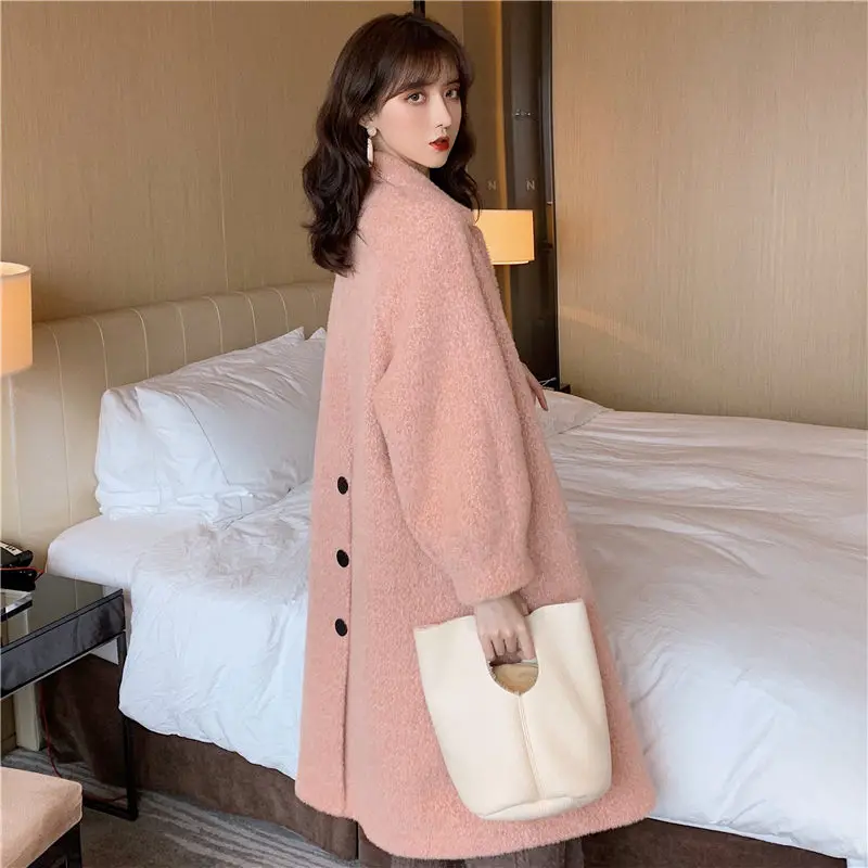 2019 Woolen Coat Female Long Temperament Imitation Mink Velvet Women's Thickening Woolen Coat Casual Winter Jacket Overcoat f200