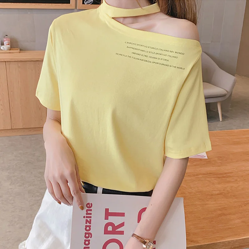 Korean Cotton Tshirt Women T Shirt Short Sleeve Slim Letter Printed Cold Shoulder Hater Crop Top Women Casual Shirt Tees