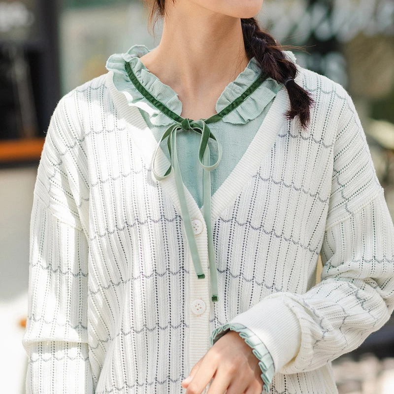 INMAN Spring Autumn Literary V Neck Sweet Style Women Hollow Out Cardigan Sweater |