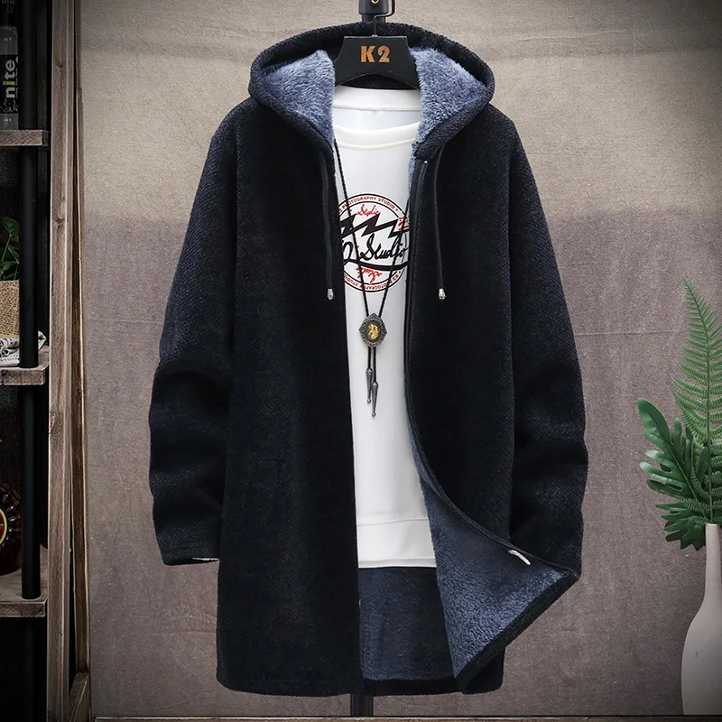 Autumn/winter long coat fleece heavy wool sweater hoodie pullover zipper cardigan sweater men's fashion jacket