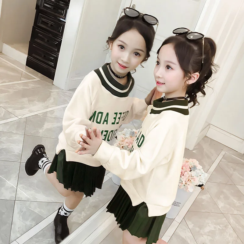 Off white Sweatshirt Детская зимняя одежда; Roupa Infantil Menina; свитер для девочек; платье с флисовой подкладкой; теплое платье-рубашка с эластичным воротником в рубчик; плиссированная нижняя часть - Цвет: Off white Sweatshirt