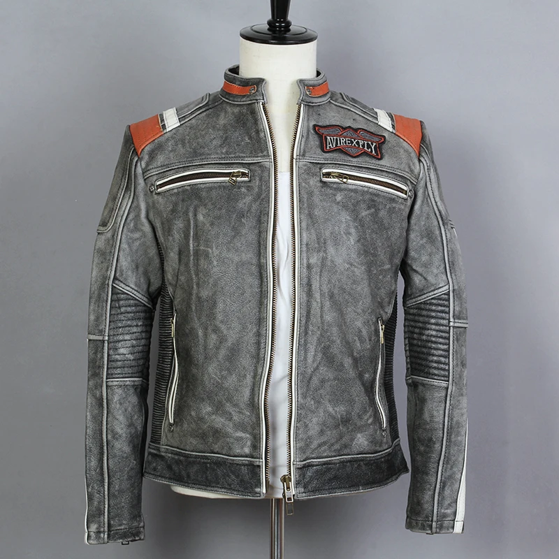 Мужская байкерская куртка FLY AVIREX черная облегающая мотоциклетная из натуральной кожи с черепом в винтажном