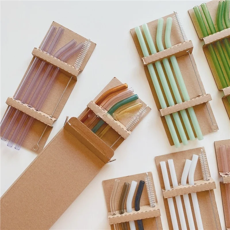 

4pc Reusable Glass Straws Water Cup Straw Cup Colorful Heat Resistant Glass Straw with Cleaning Brush Drinking Milk Tea