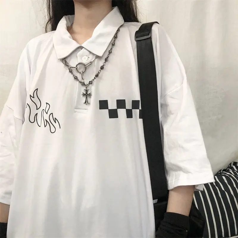 

Y2k T Shirt Women 2021 Harajuku Polo T-shirt Fashion Summer White Loose Feminine Clothes MINGLIUSILI Turn-down Collar Top Mujer