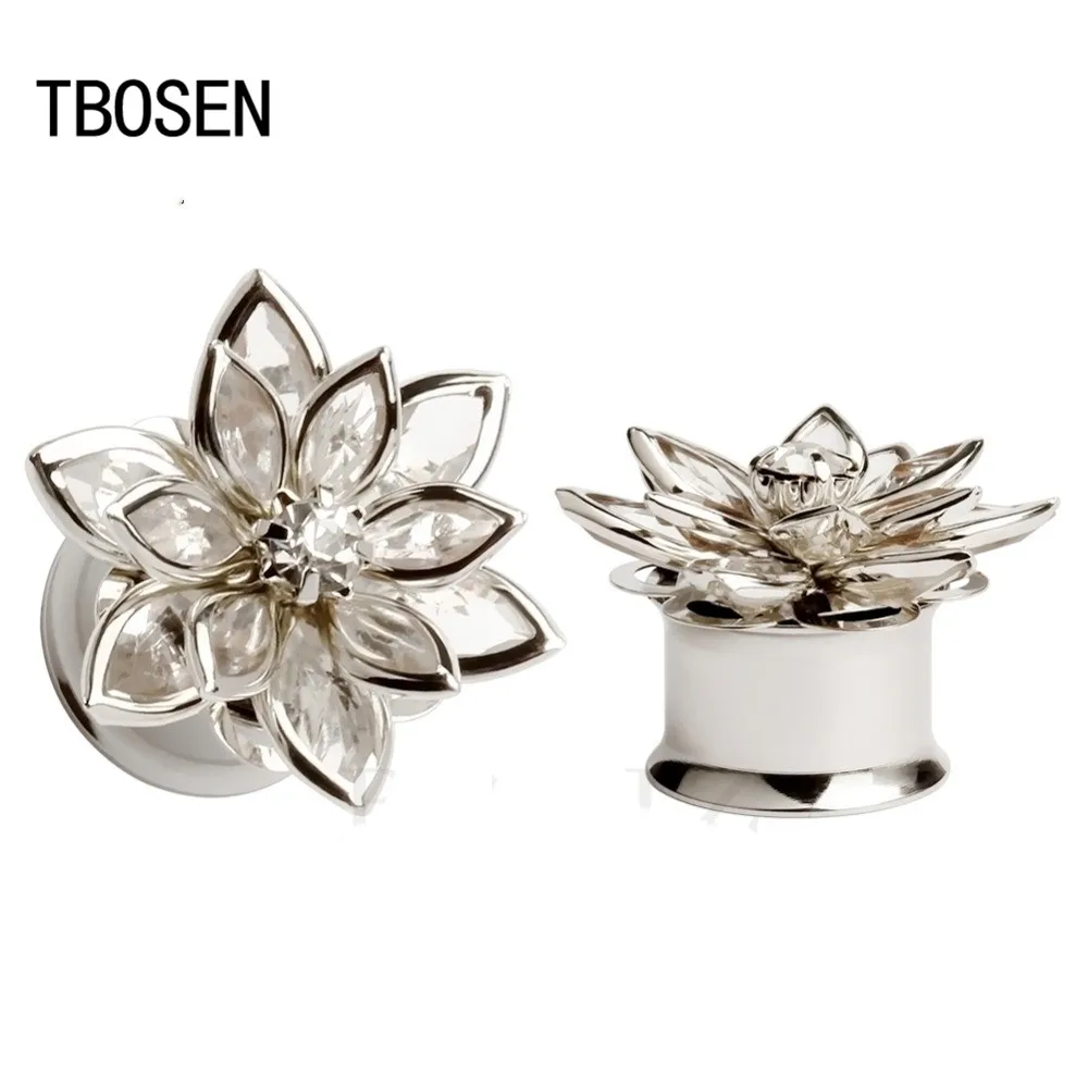 TBOSEN new arrival fashion flower ear plugs stainless steel gold tunnels piercing gauges metal body jewelry pair selling | Украшения и