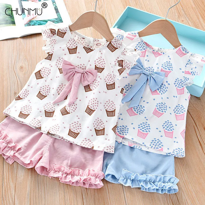 

Baby Girls Clothes Set Cute Ice Cream Bowknot Top + Elastic Shorts Summer Toddler Girls Tracksuit Casual Children Clothing Suit