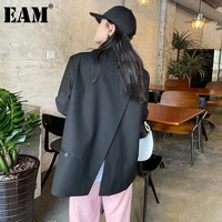 eam women black back slit big size blazer new lapel long sleeve loose fit jacket fashion tide spring autumn 2021 1de1412