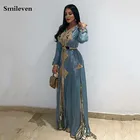 Smileven, темно-синий марокканский кафтан, кружевное официальное вечернее платье с длинным рукавом, мусульманское вечернее платье, длинные платья для особых случаев, Дубай