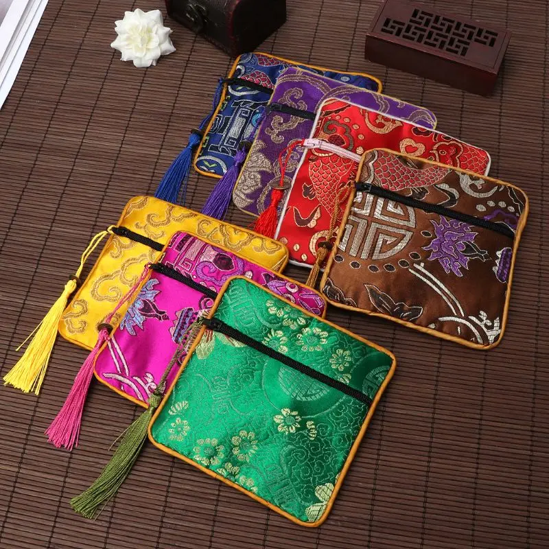 

Classic Chinese Embroidery Jewelry Bag Organizer Silk Tassel Traditional Pouch