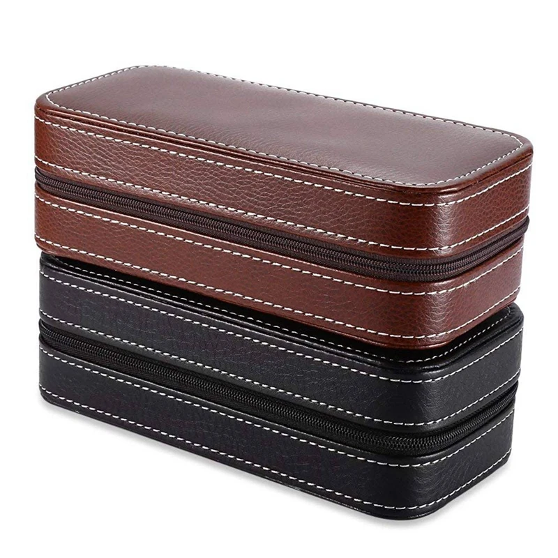 

2 Grids PU Leather Travel Watch Storage Case Zipper Wristwatch Box (Brown) & Black Zippered Watches Box (Black-4 Slots)