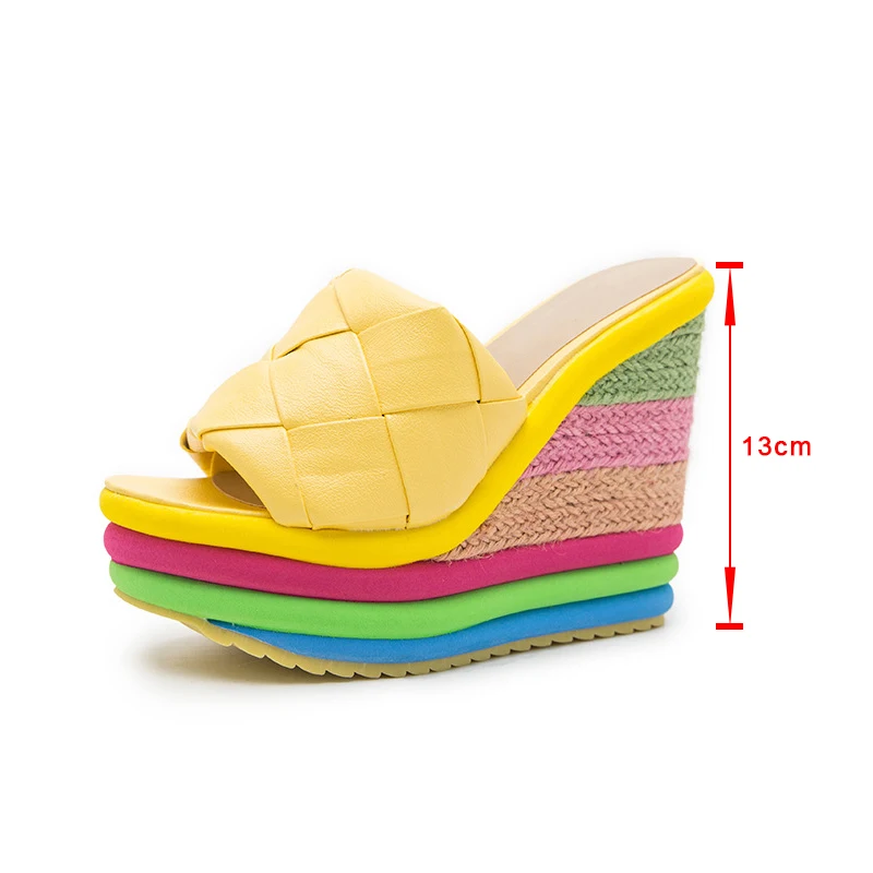 

Women Slippers Wedges Sandals Ladies Weaved High Heels Shoes Summer Rainbow Plus Size Footwear Ladies Slides Pumps Non Slip