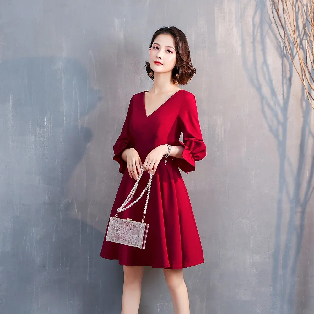 Новое поступление 2020 короткое платье винного цвета на молнии для свадебной