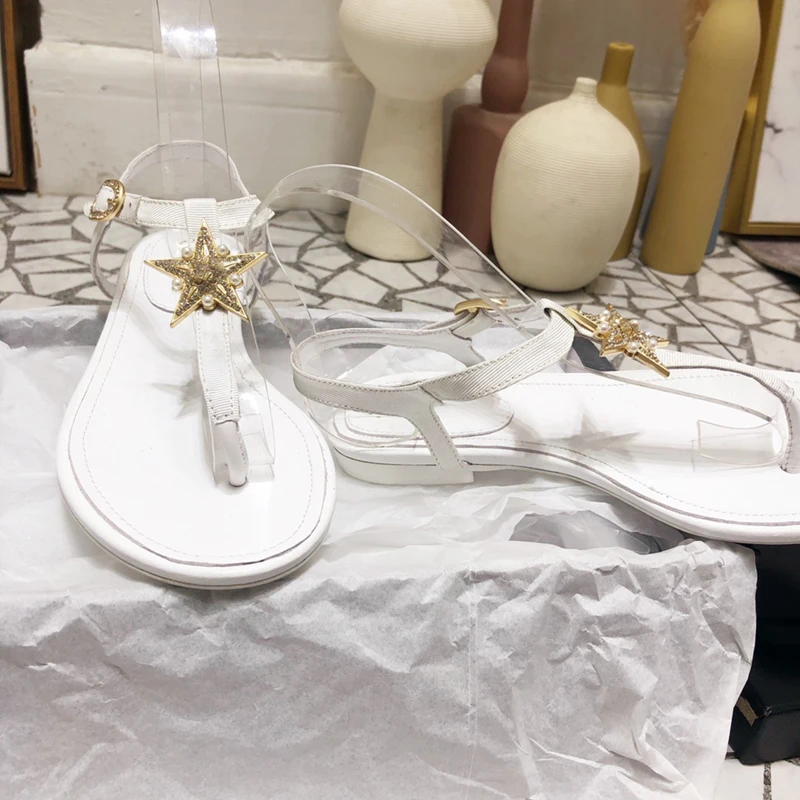 

Ollymurs Women's Sandals 2021 Summer Flat T Strap Leather Star Pearl Street Fashion Shoes Outdoor Ladies