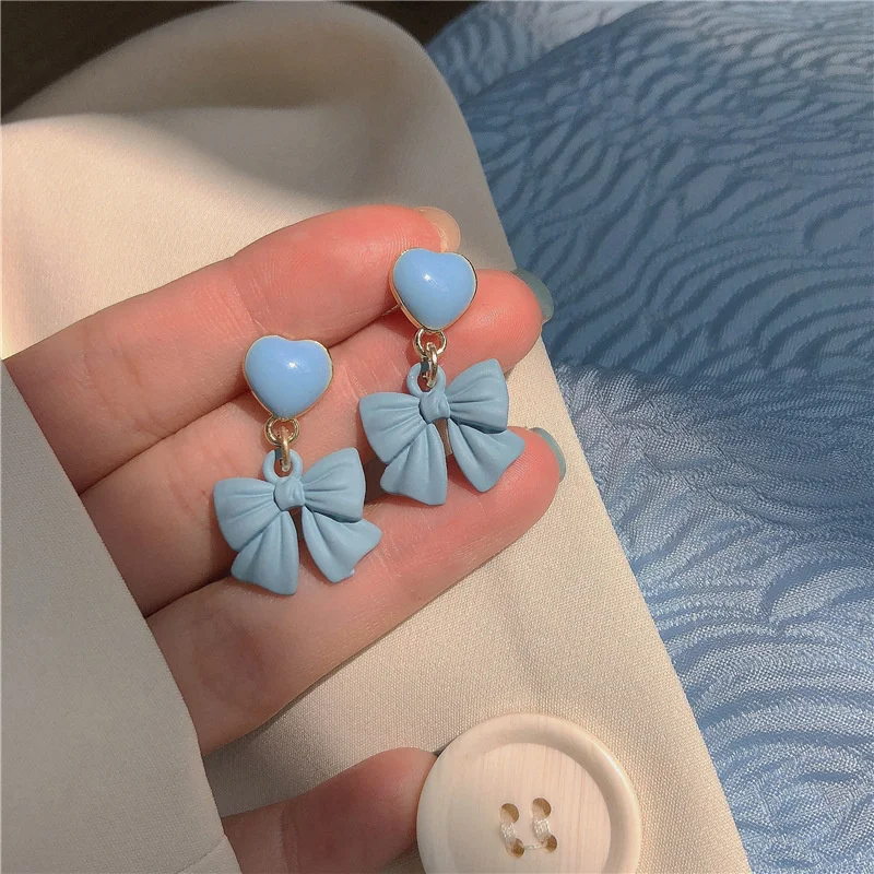 

S925 Silver Needles Drop Earrings For Women Blue Heart Bow-knot Temperament Brincos Bridal Wedding Engagement Fine Jewelry