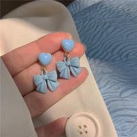s925 silver needles drop earrings for women blue heart bow knot temperament brincos bridal wedding engagement fine jewelry