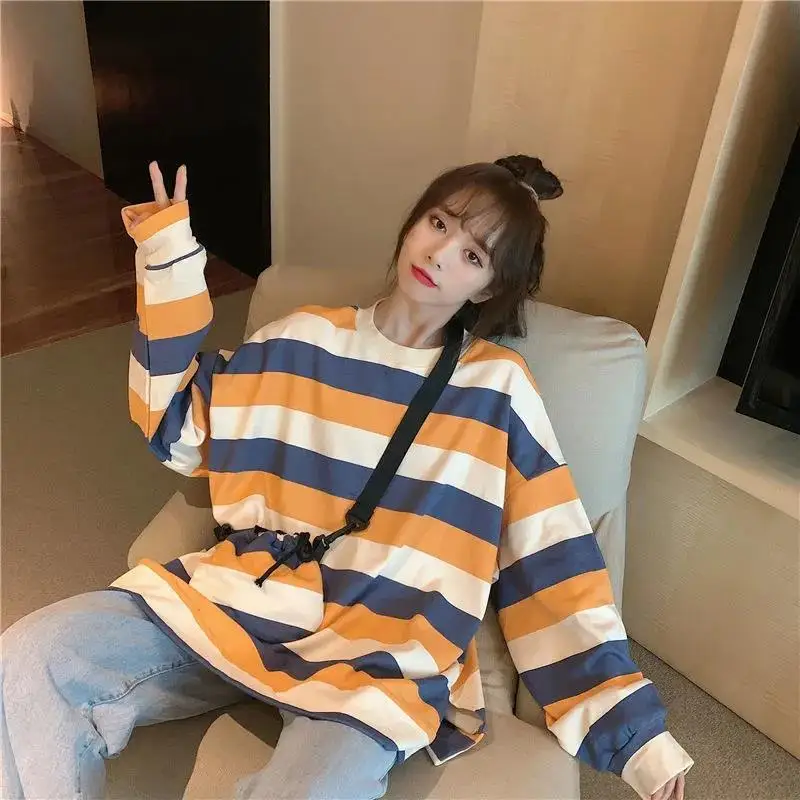 Women Sweetshirts Striped Autumn Korean Fashion Loose New L`ong-sleeved Shirt Harajuku Round Neck Pullover Y2k Kawaii Clothes