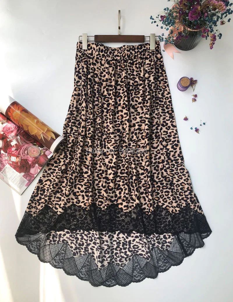 Леопардовая расцветка, асимметричная Hemline, кружевная отделка, юбка миди, эластичная талия, модные женские юбки, новинка