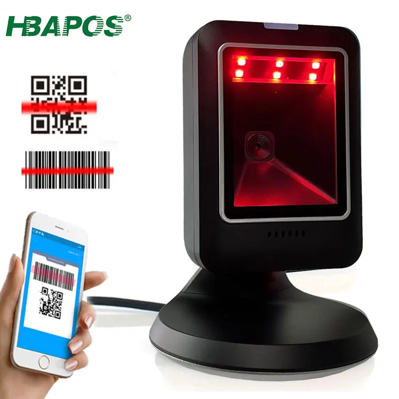 HBAPOS Barcode Reader Omnidirectional 1D 2D Desktop Barcode Scanner Automatic Hands-Free Data Matrix QR Code Reader Screen Scan