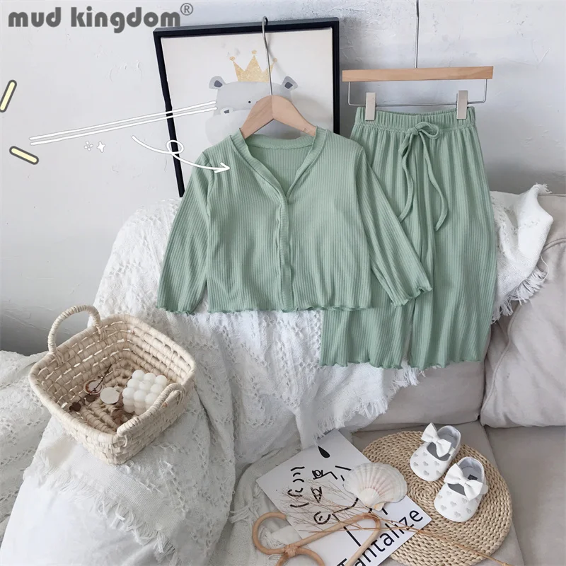 

Mudkingdom Girls Pajamas Set Solid V-neck Cardigan Tops Elastic Waist Pants Casual Cotton Sets Kids Homewear for Spring Summer