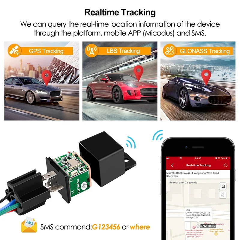 

Vehicle Tracker Relay GPS Tracker Cut Off Fuel Hidden Design Car GPS Locator Google Maps Realtime Tracking Shock Alarm Free APP