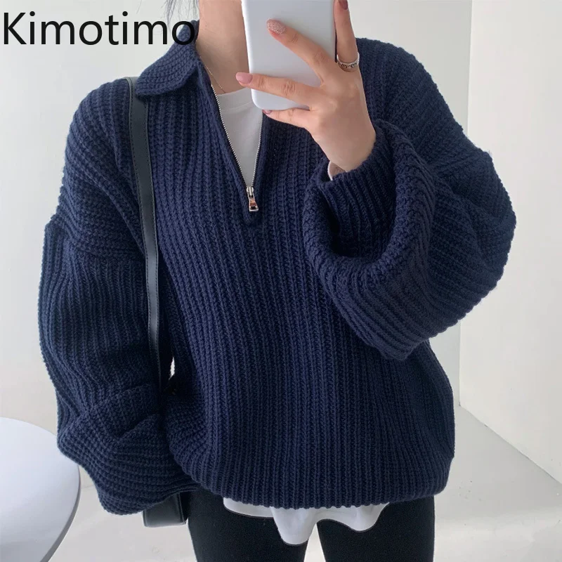 

Kimotimo Zipper Knitted Sweater Women Autumn Winter Simplicity V-neck Loose Pullover Korean Chic Long Sleeve Thick Line Sweaters