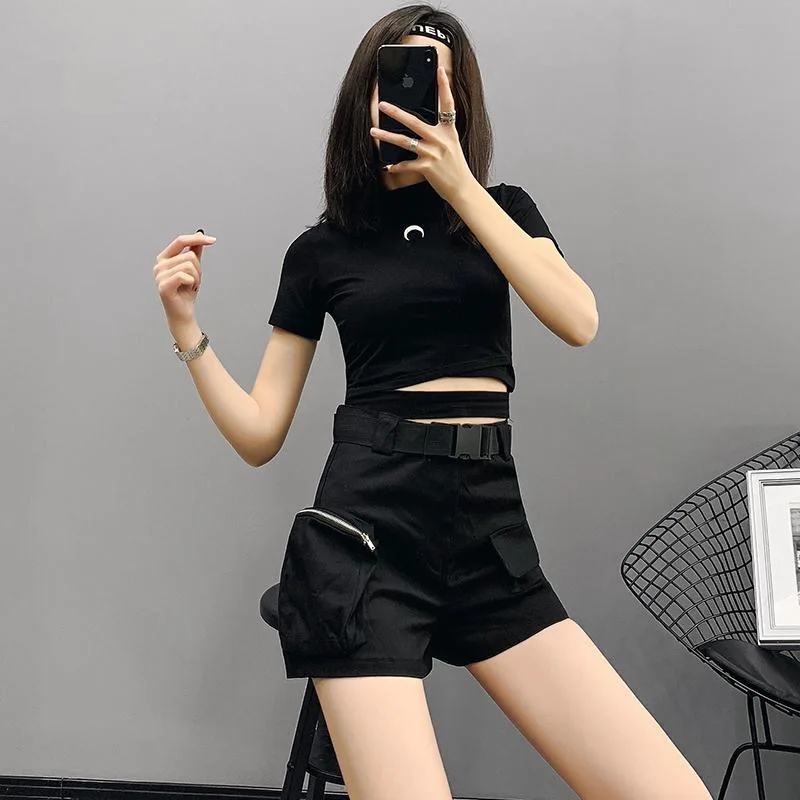 

Women Big Pocket Shorts with Belt Summer Female Fashion High Waist Zipper Streetwear Clothes Ladies Casual Solid Cargo Shorts