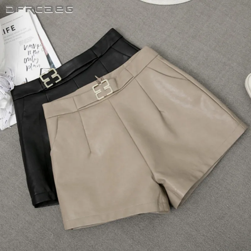 

Black Khaki High Waist Woman PU Wide Leg Shorts 2021 Fashion Autumn Winter Leather Short Pants For Boots Wear Female